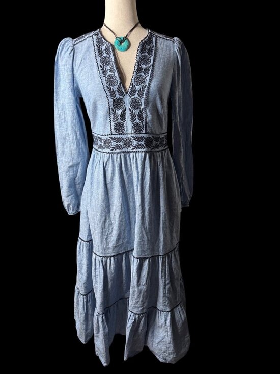 Boden Dresses & Skirts - Boden Violet Trim Linen Tiered Maxi Dress  Embroidered Size 6  western Boho chic